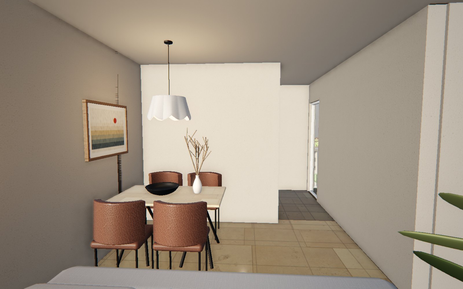 Rendering of the dining area of a 45 m² (485 sq ft) one-bedroom apartment with the project’s finishes