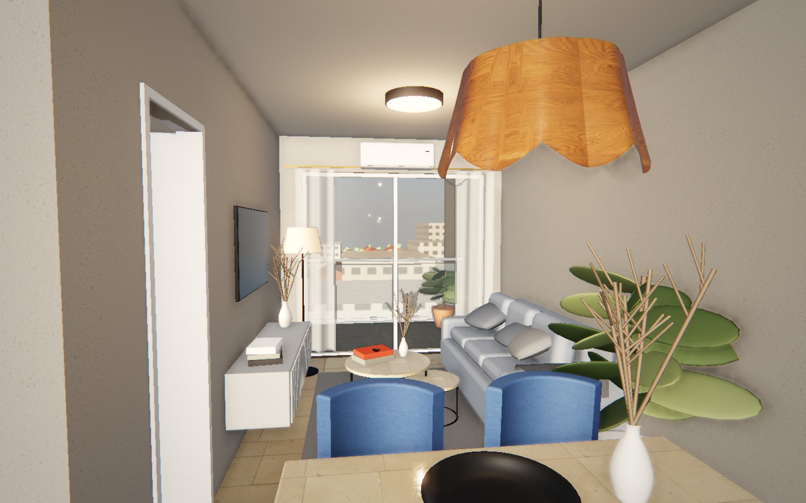 Rendering of the living room of a 50 m² (540 sq ft) one-bedroom apartment with a balcony and natural light