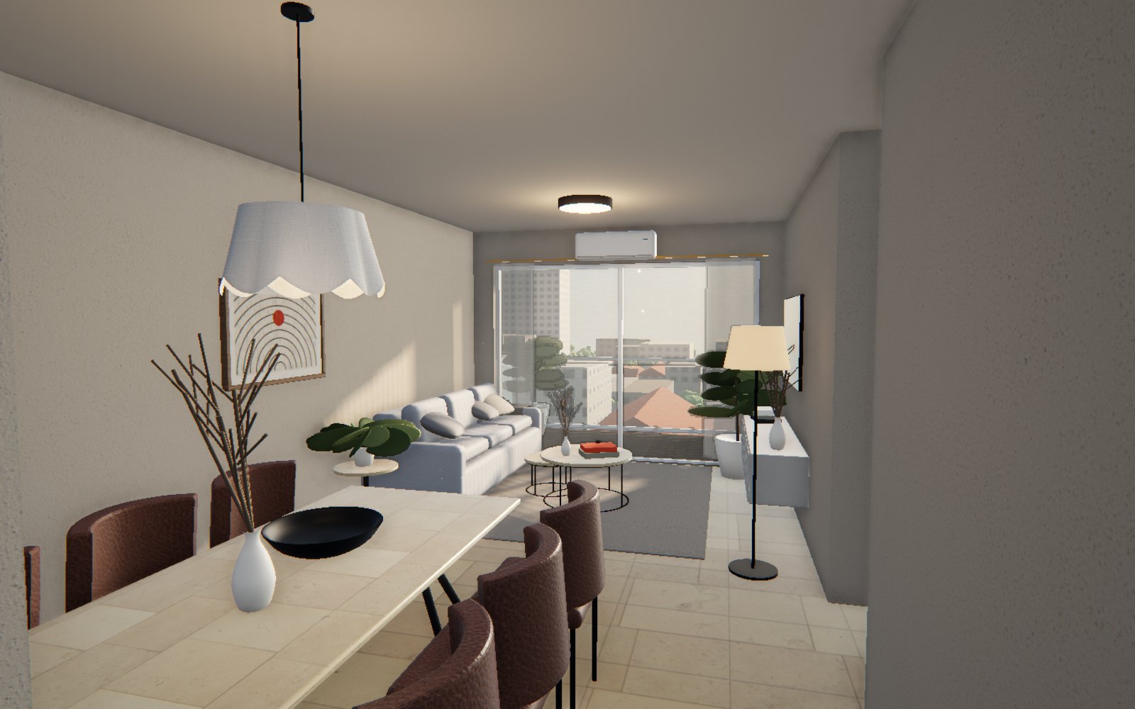 Rendering of the living and dining room of a 74 m² (800 sq ft) two-bedroom apartment, with a table for six and the balcony