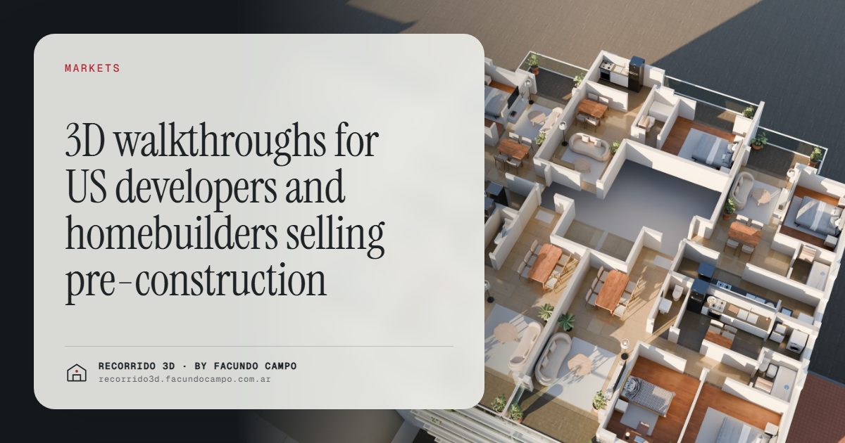3D walkthroughs for US developers and homebuilders selling pre-construction · Recorrido 3D