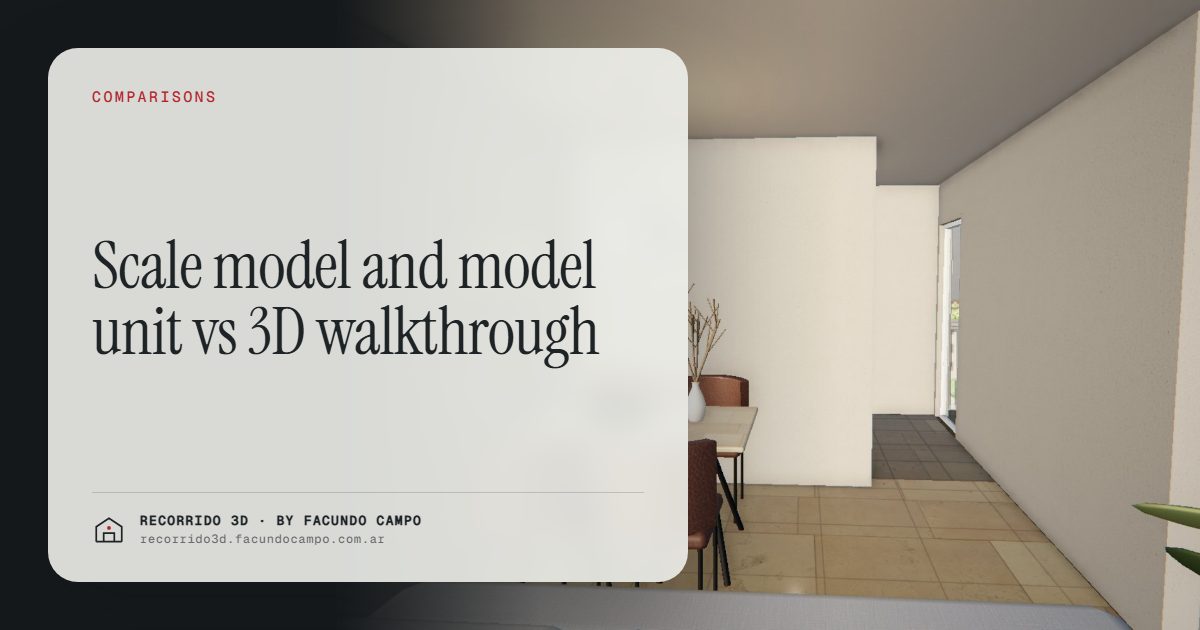 Scale model and model unit vs 3D walkthrough · Recorrido 3D
