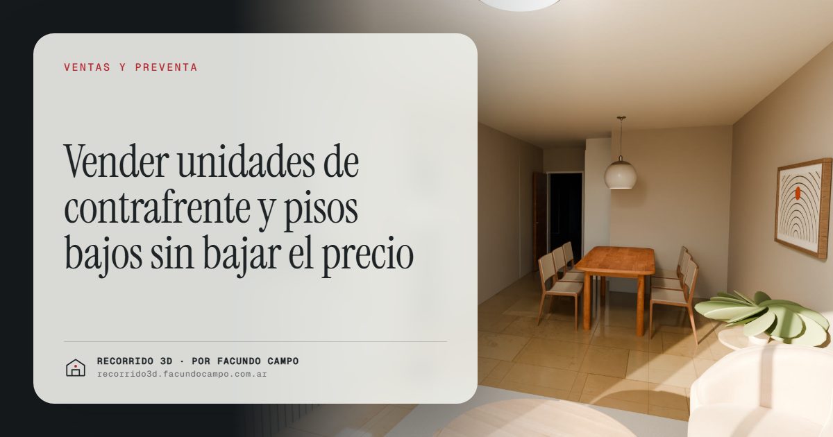 Vender unidades de contrafrente y pisos bajos sin bajar el precio · Recorrido 3D