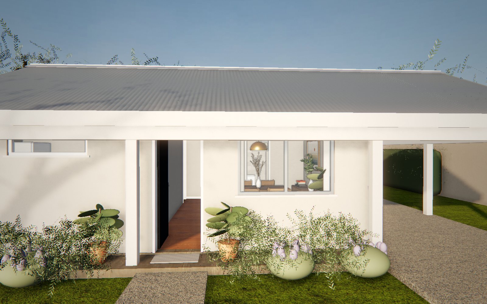 Render 3D de la fachada de una casa de catálogo de una planta, con galería y jardín