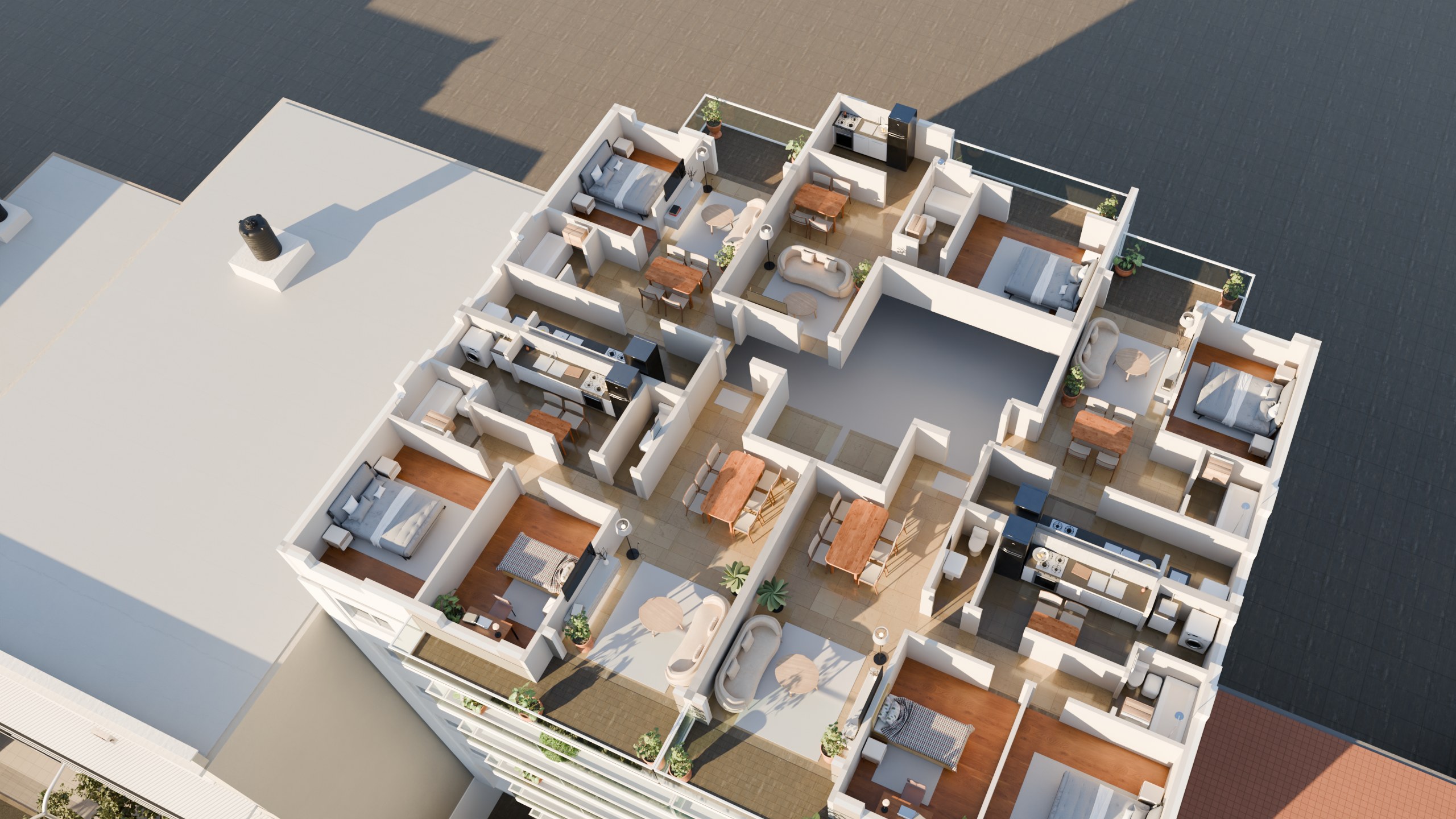 Furnished 3D floor plan of one floor of the building, with its one- and two-bedroom apartments seen from above